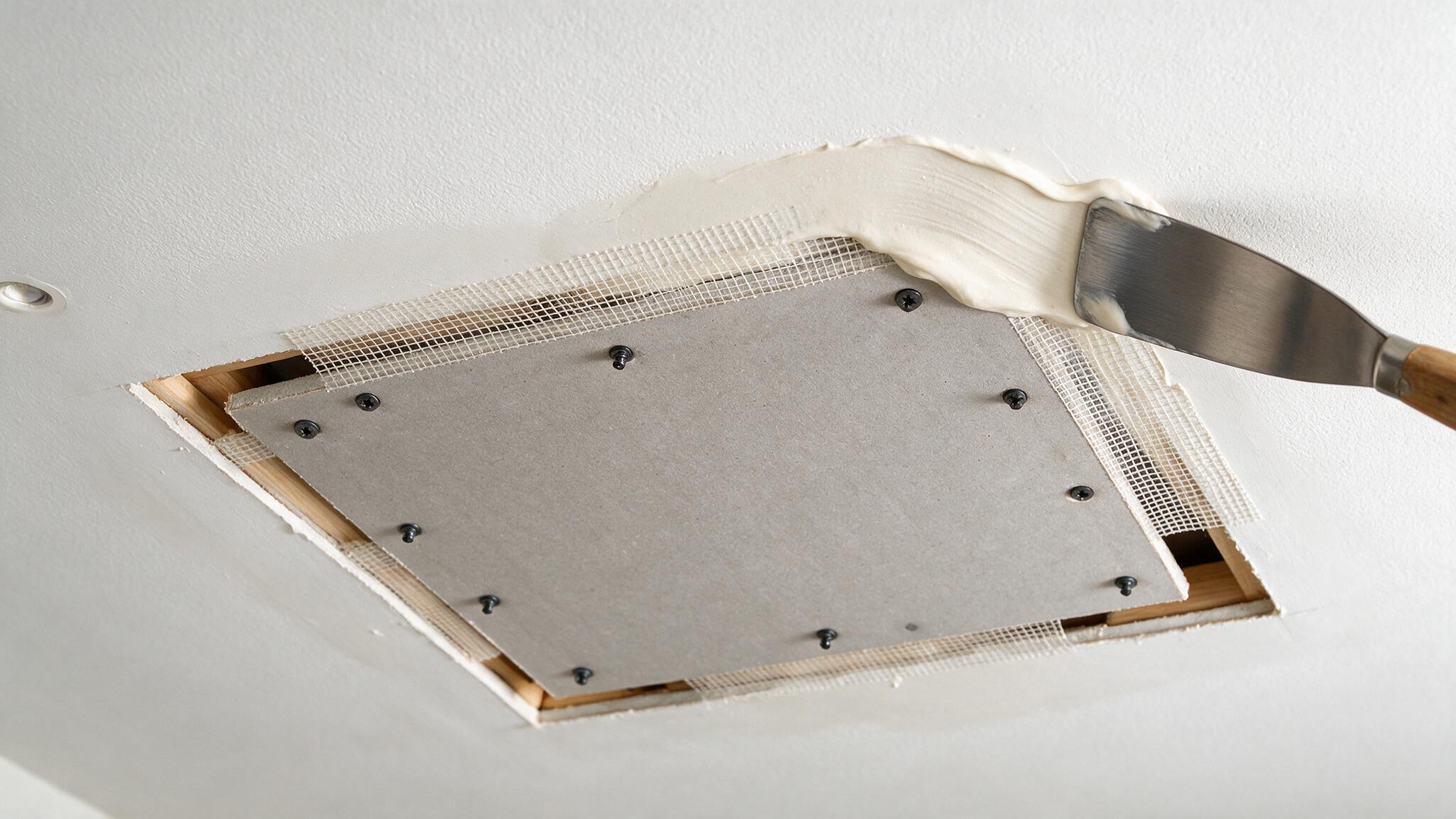 Professional drywaller applying joint compound over a newly installed ceiling patch with a wide taping knife.