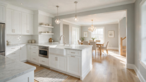 Completed modern residential kitchen opening into a newly painted and floored dining room area.