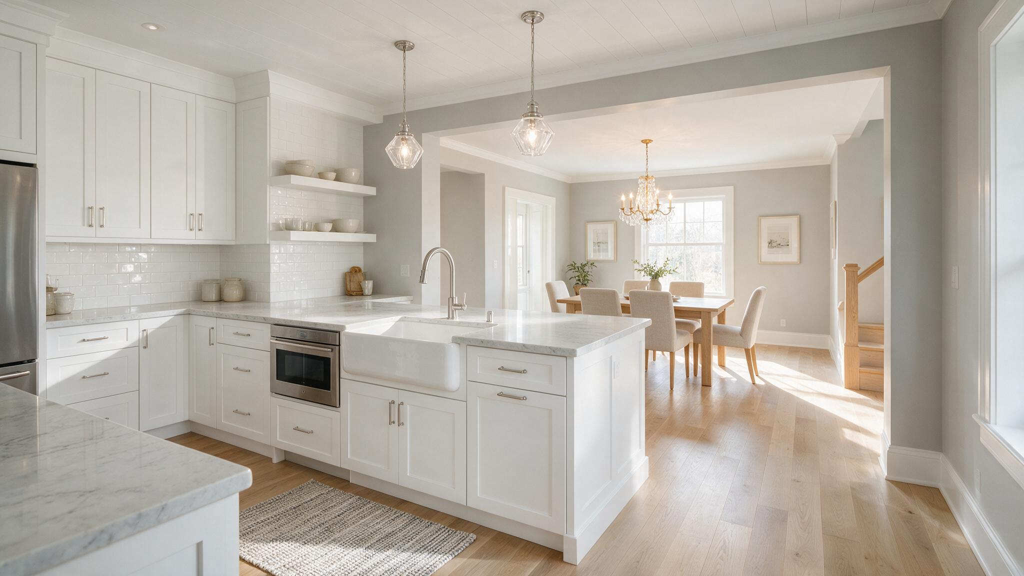 Completed modern residential kitchen opening into a newly painted and floored dining room area.