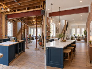 A newly renovated open-concept Philadelphia rowhome featuring a continuous luxury vinyl plank floor from the living room seamlessly into a modern kitchen with a large island.