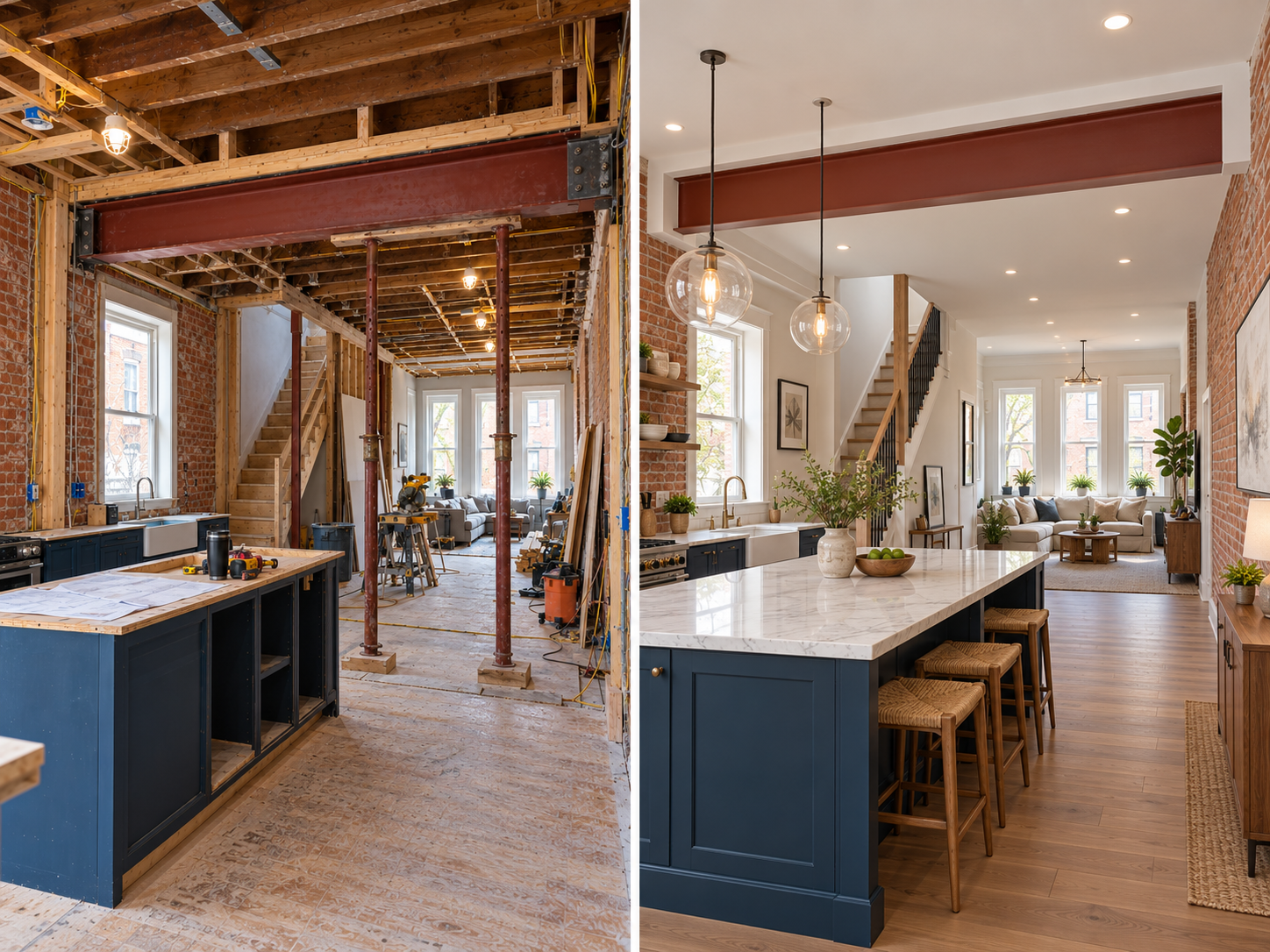 A newly renovated open-concept Philadelphia rowhome featuring a continuous luxury vinyl plank floor from the living room seamlessly into a modern kitchen with a large island.