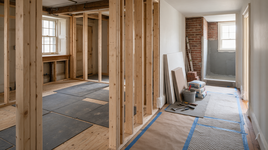 A Philadelphia home interior in the rough-in stage of remodeling, showing exposed wall studs with newly installed yellow electrical wiring and PVC plumbing pipes.

