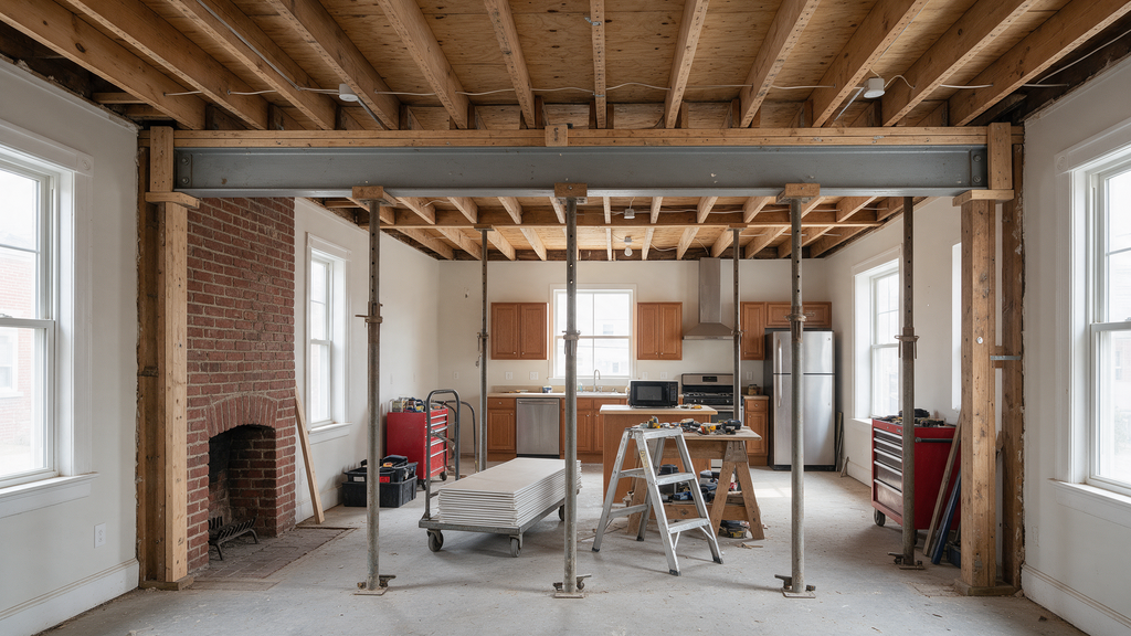 Older Philadelphia home undergoing simultaneous kitchen and bathroom remodeling with coordinated trade work and custom finishes.