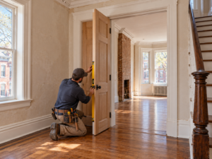 Interior door replacement in an older Philadelphia rowhome with new jamb and casing