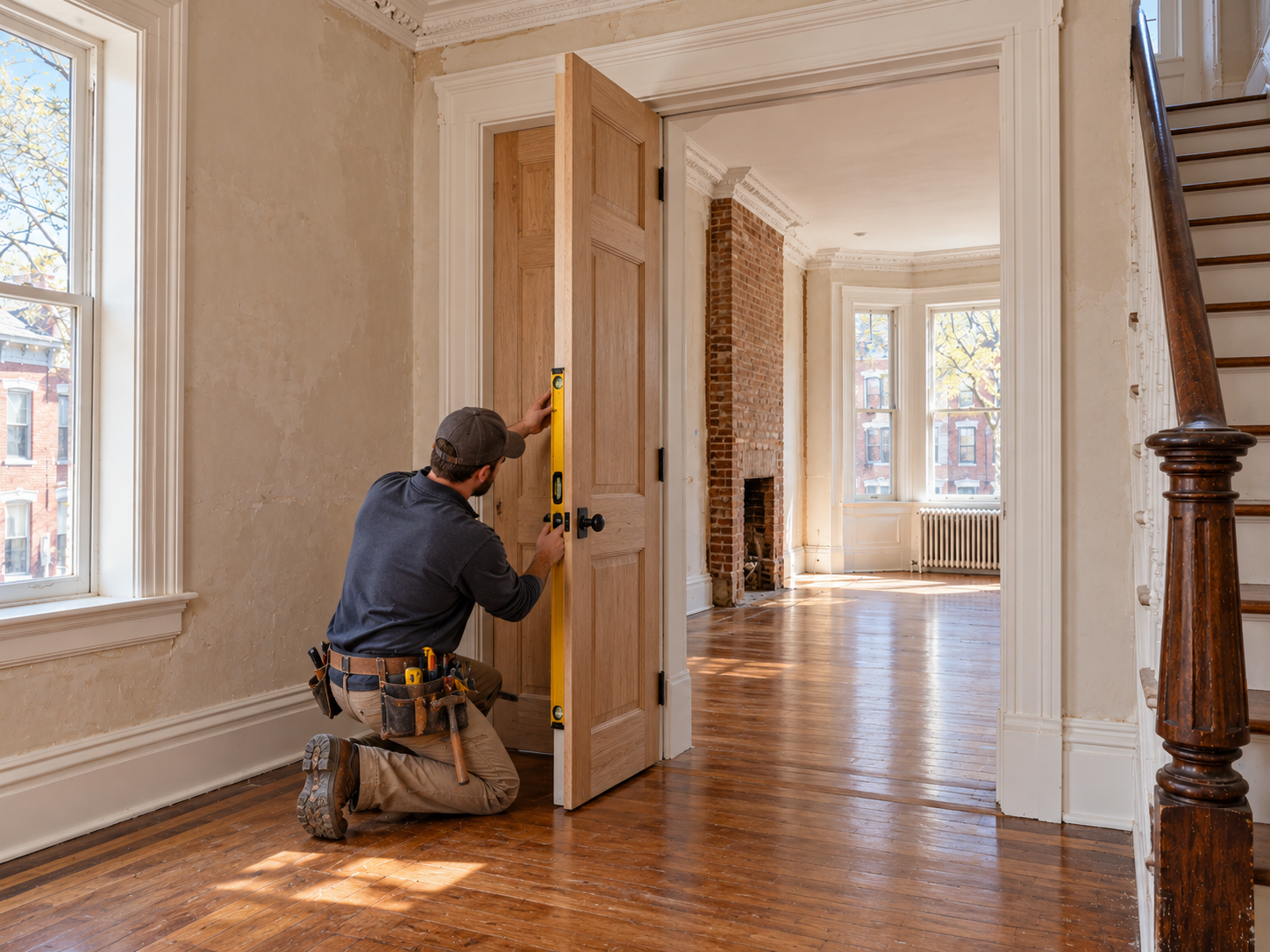 Interior door replacement in an older Philadelphia rowhome with new jamb and casing