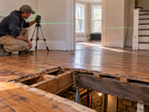 Contractor evaluating uneven floors in a historic Philadelphia rowhome