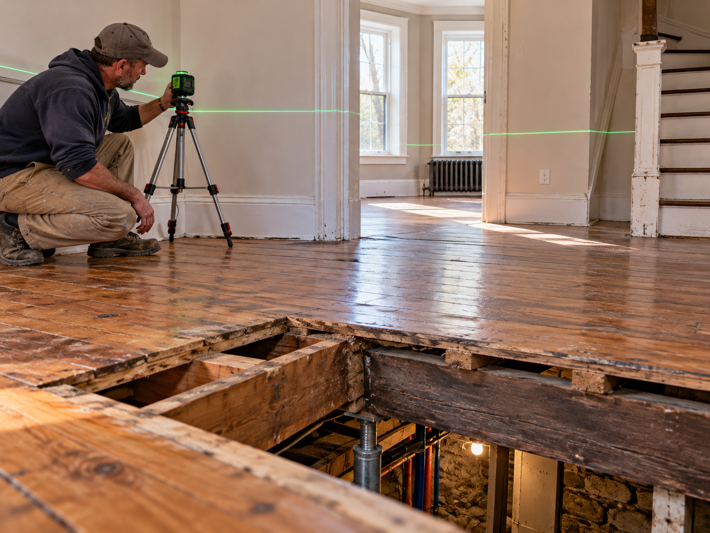 Contractor evaluating uneven floors in a historic Philadelphia rowhome