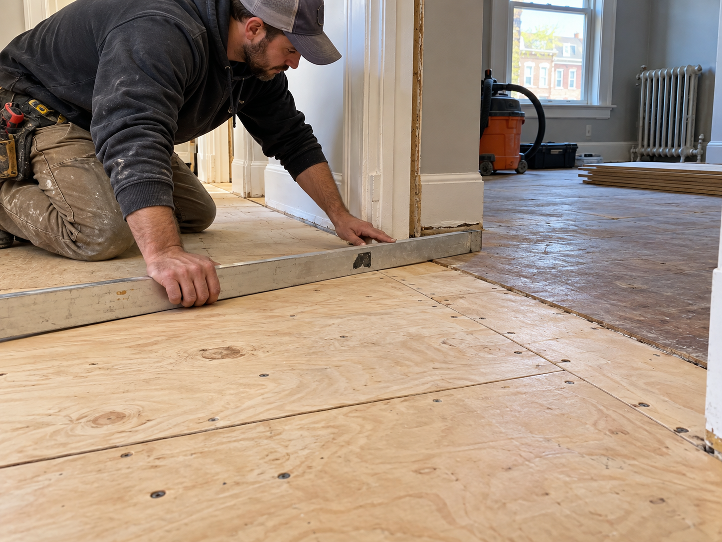 Older Philadelphia home undergoing simultaneous kitchen and bathroom remodeling with coordinated trade work and custom finishes.
