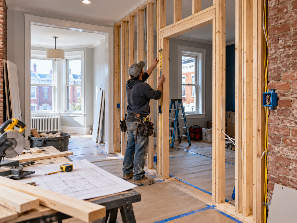Interior partition wall framing inside a Philadelphia rowhome renovation