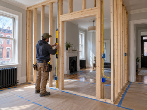 Interior partition wall framing inside a Philadelphia rowhome renovation