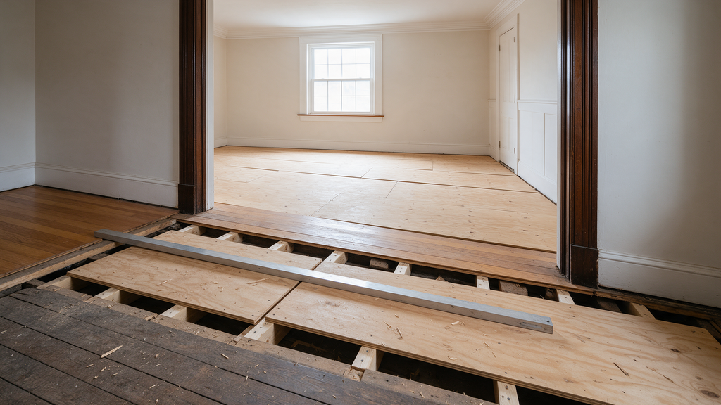 A construction worker spreading gray self-leveling concrete compound over a plywood subfloor in a Philadelphia rowhome to prepare for luxury vinyl plank installation.